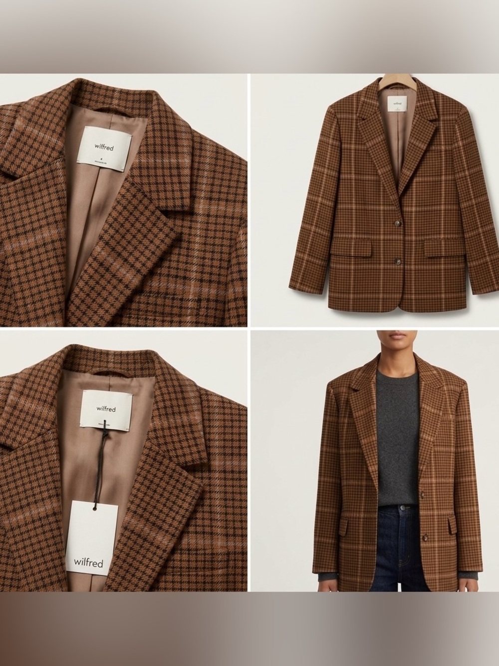 Wilfred Tan and Brown Plaid Blazer MEDIUM Pockets